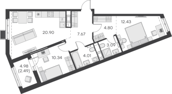 3 ккв (Евро) № 368 Корп.: 1 , Секция 7  в ЖК GloraX Балтийская