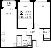 3 ккв (Евро) № 240 Корп.: 2 , Секция 2  в ЖК GloraX Новоселье