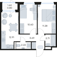 2 ккв № 151 Корп.: 3 , Секция 3  в ЖК GloraX Новоселье