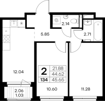 2 ккв № 134 Корп.: 1 , Секция 1  в ЖК GloraX Новоселье