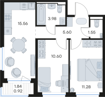 3 ккв (Евро) № 4 Корп.: 3 , Секция 1  в ЖК GloraX Новоселье
