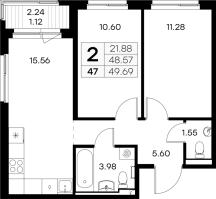 3 ккв (Евро) № 47 Корп.: 3 , Секция 1  в ЖК GloraX Новоселье