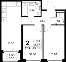 3 ккв (Евро) № 239 Корп.: 2 , Секция 2  в ЖК GloraX Новоселье