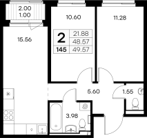 3 ккв (Евро) № 145 Корп.: 2 , Секция 2  в ЖК GloraX Новоселье