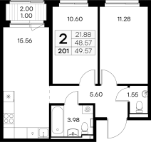 3 ккв (Евро) № 201 Корп.: 2 , Секция 2  в ЖК GloraX Новоселье