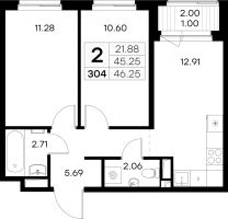 2 ккв № 304 Корп.: 3 , Секция 4  в ЖК GloraX Новоселье