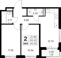 2 ккв № 344 Корп.: 2 , Секция 4  в ЖК GloraX Новоселье