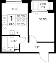 1 ккв № 245 Корп.: 2 , Секция 2  в ЖК GloraX Новоселье