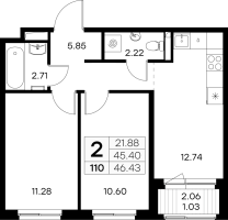 2 ккв № 110 Корп.: 2 , Секция 1  в ЖК GloraX Новоселье