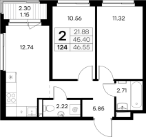 2 ккв № 124 Корп.: 1 , Секция 1  в ЖК GloraX Новоселье