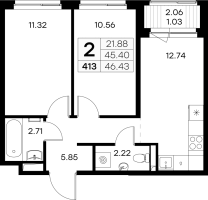 2 ккв № 413 Корп.: 2 , Секция 5  в ЖК GloraX Новоселье