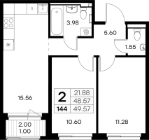 3 ккв (Евро) № 144 Корп.: 2 , Секция 2  в ЖК GloraX Новоселье