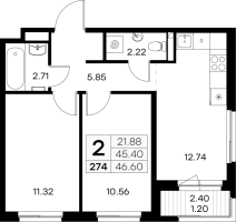 2 ккв № 274 Корп.: 2 , Секция 4  в ЖК GloraX Новоселье