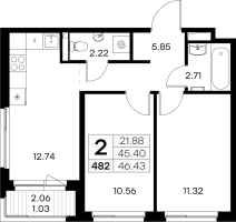 2 ккв № 482 Корп.: 2 , Секция 5  в ЖК GloraX Новоселье