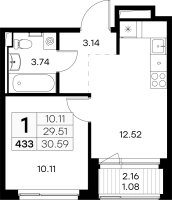 1 ккв № 433 Корп.: 2 , Секция 5  в ЖК GloraX Новоселье