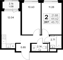 2 ккв № 397 Корп.: 2 , Секция 5  в ЖК GloraX Новоселье