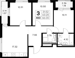 4 ккв (Евро) № 453 Корп.: 2 , Секция 5  в ЖК GloraX Новоселье