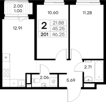 2 ккв № 201 Корп.: 3 , Секция 3  в ЖК GloraX Новоселье