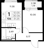 1 ккв № 106 Корп.: 3 , Секция 1  в ЖК GloraX Новоселье