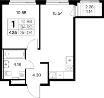 2 ккв (Евро) № 425 Корп.: 2 , Секция 5  в ЖК GloraX Новоселье