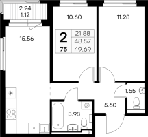 3 ккв (Евро) № 75 Корп.: 3 , Секция 1  в ЖК GloraX Новоселье