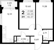2 ккв № 311 Корп.: 3 , Секция 4  в ЖК GloraX Новоселье
