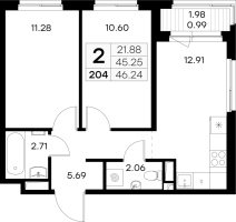 2 ккв № 204 Корп.: 3 , Секция 3  в ЖК GloraX Новоселье
