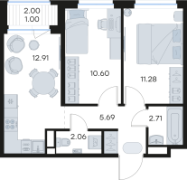 2 ккв № 171 Корп.: 3 , Секция 3  в ЖК GloraX Новоселье
