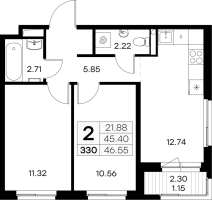 2 ккв № 330 Корп.: 2 , Секция 4  в ЖК GloraX Новоселье