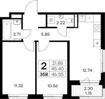 2 ккв № 358 Корп.: 2 , Секция 4  в ЖК GloraX Новоселье