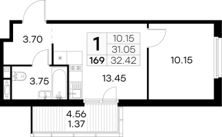 1 ккв № 169 Корп.: 4 , Секция 2  в ЖК GloraX Парголово