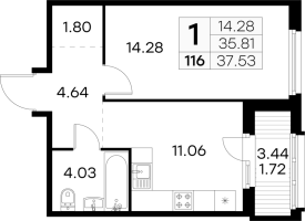 1 ккв № 116 Корп.: 5 , Секция 1  в ЖК GloraX Парголово