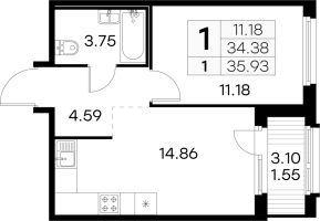 1 ккв № 1 Корп.: 6 , Секция 1  в ЖК GloraX Парголово