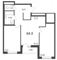 3 ккв (Евро) № 333 Корп.: 2.5 , Секция 2  в ЖК Город Первых