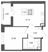 2 ккв (Евро) № 87 Корп.: 13 , Секция 1  в ЖК Город Звезд