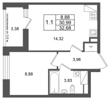 1 ккв № 198 Корп.: 14.1 , Секция 1  в ЖК Город Звезд