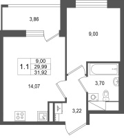 1 ккв № 527 Корп.: 17.1 , Секция 2.1  в ЖК Город Звезд