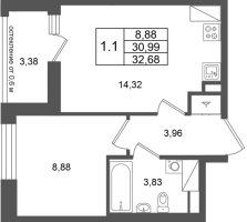 1 ккв № 126 Корп.: 14.1 , Секция 1  в ЖК Город Звезд