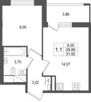 1 ккв № 534 Корп.: 17.1 , Секция 2.1  в ЖК Город Звезд