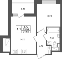 1 ккв № 111 Корп.: 17.1 , Секция 1.1  в ЖК Город Звезд