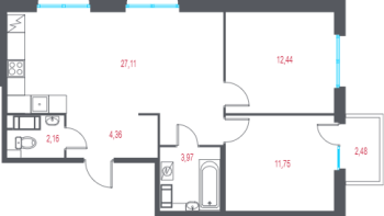 3 ккв (Евро) № 16 Корп.: 2.3 , Секция 1  в ЖК Город-спутник Южный
