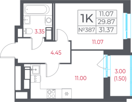 1 ккв № 387 Корп.: 13.1 , Секция 7  в ЖК Город-спутник Южный