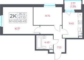 2 ккв № 430 Корп.: 13.1 , Секция 8  в ЖК Город-спутник Южный