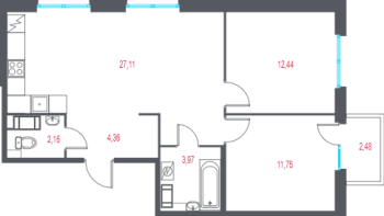 3 ккв (Евро) № 6 Корп.: 2.3 , Секция 1  в ЖК Город-спутник Южный