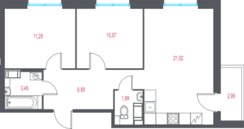 3 ккв (Евро) № 7 Корп.: 1.1 , Секция 1  в ЖК Город-спутник Южный