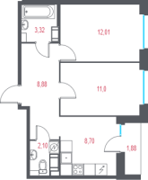 2 ккв № 90 Корп.: 2.2 , Секция 3  в ЖК Город-спутник Южный
