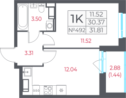 1 ккв № 492 Корп.: 13.1 , Секция 9  в ЖК Город-спутник Южный