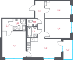 4 ккв (Евро) № 52 Корп.: 1.4 , Секция 1  в ЖК Город-спутник Южный