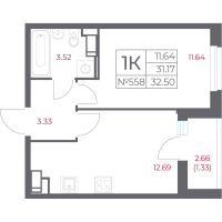 1 ккв № 558 Корп.: 13.1 , Секция 10  в ЖК Город-спутник Южный
