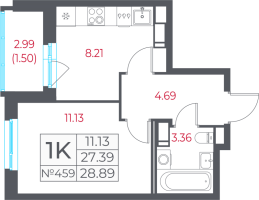 1 ккв № 459 Корп.: 13.1 , Секция 8  в ЖК Город-спутник Южный
